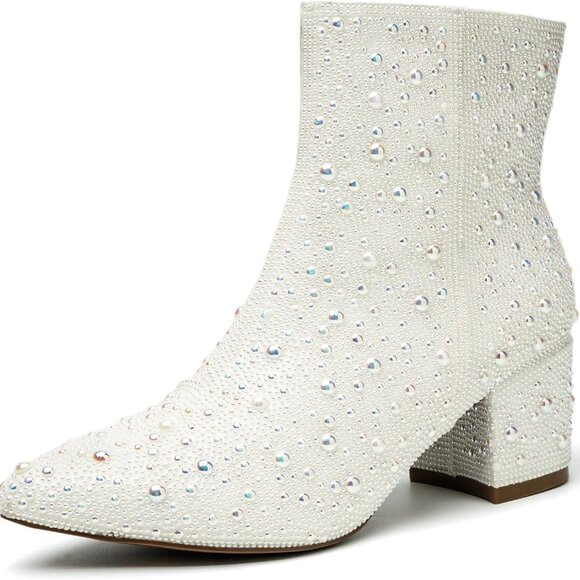 Women's Rhinestone Zipper Ankle Boots Glitter Pointed Toe Chunky Heel - Picture 1 of 7